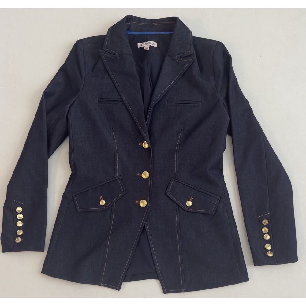 Nanette Lepore Blazer Jacket Size 4 Denim Blue Poly Blend Gold Buttons Tailored